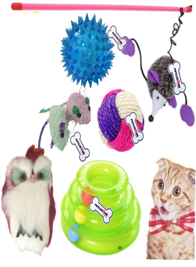 PETLICIOUS & MORE مجموعة ألعاب القطط Petlicious & More 6 في 1 - مجموعة مميزة من ألعاب القطط الصغيرة - لعبة التمبلر للقطط | برج المسار | عصا القطط | كرة السيزال | لعبة الفأر القطيفة | لعبة الكرة المضيئة (مجموعة من 6 قطع) - Image 1